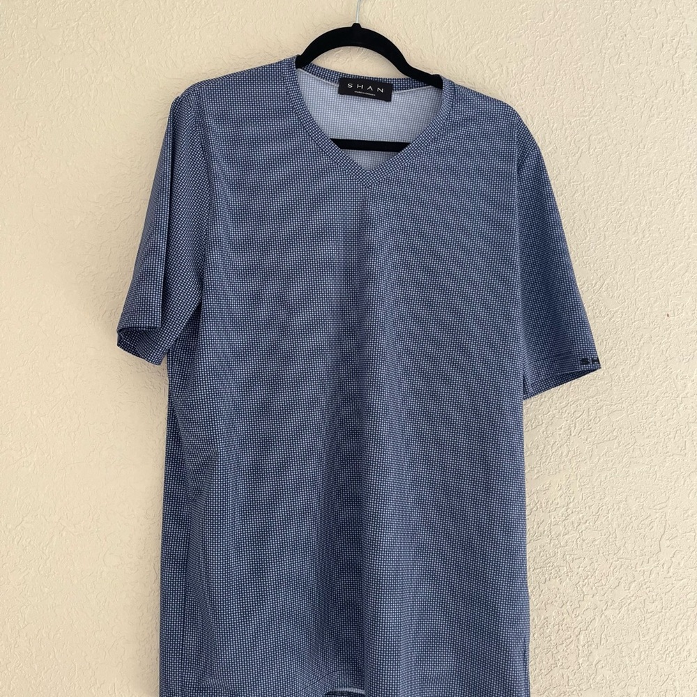 Shan Men's Techno Jersey Knit Navy Print Short Sleeve T-Shirt Large NEW NOS $240